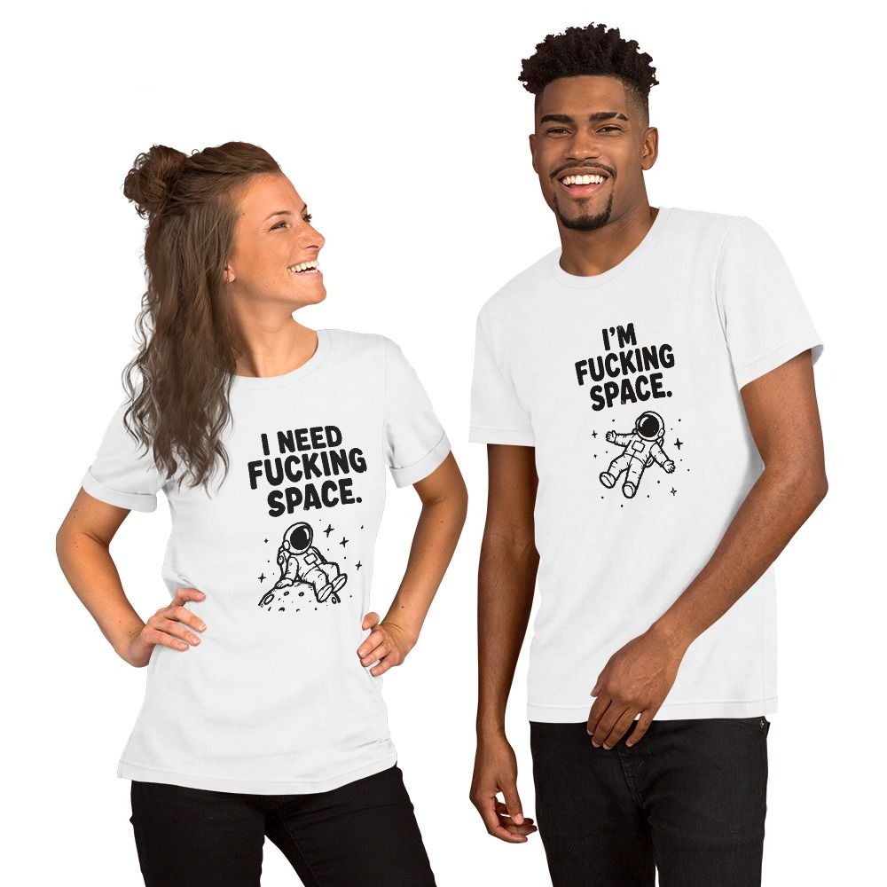 SPACE ISSUES: both shirts in the set, worn by two models.