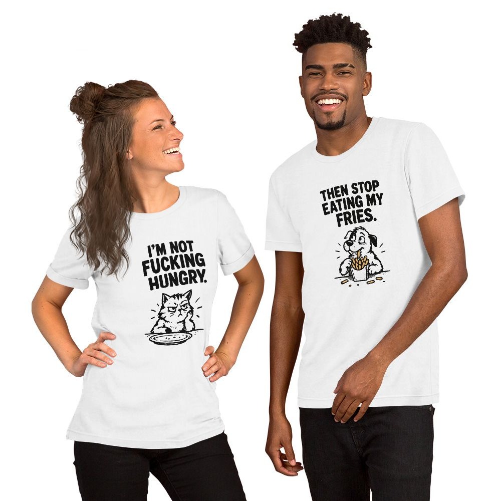 THE FRY SITUATION: both shirts in the set, worn by two models.