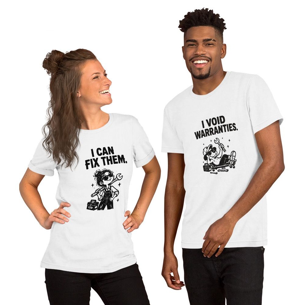 FIXER & WARRANTY: both shirts in the set, worn by two models.
