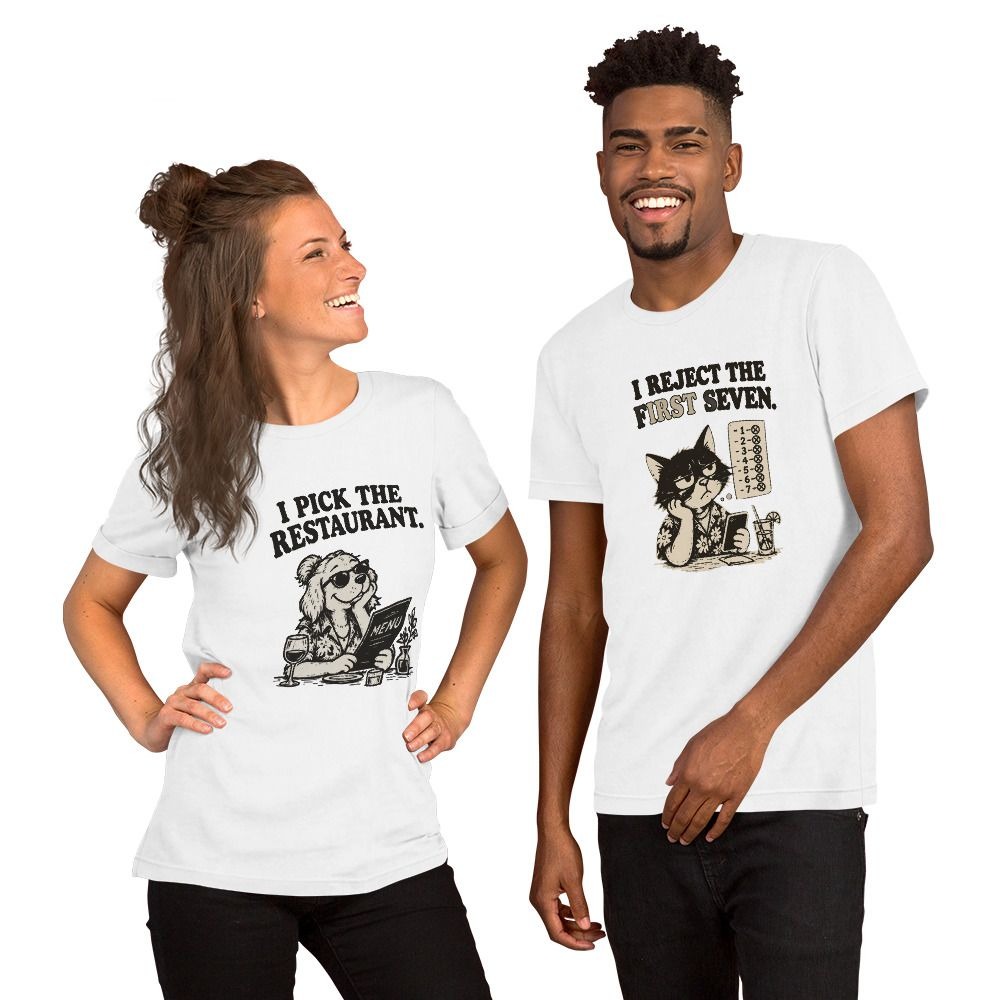 DINNER NEGOTIATIONS: both shirts in the set, worn by two models.