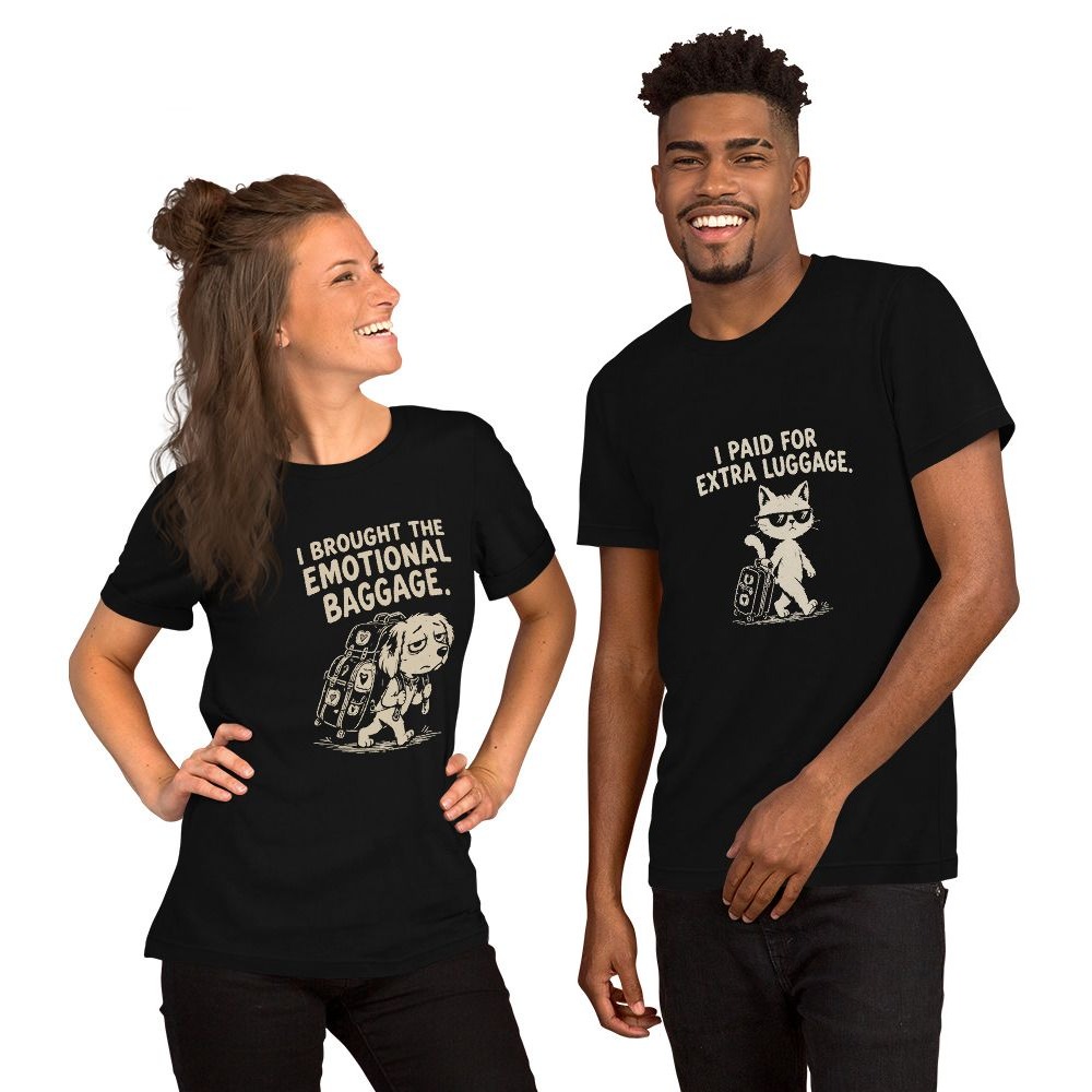 THE BAGGAGE CLAIM: both shirts in the set, worn by two models.