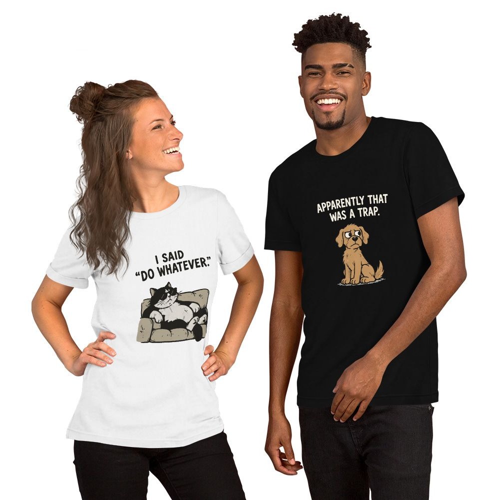 THE WHATEVER TRAP: both shirts in the set, worn by two models.