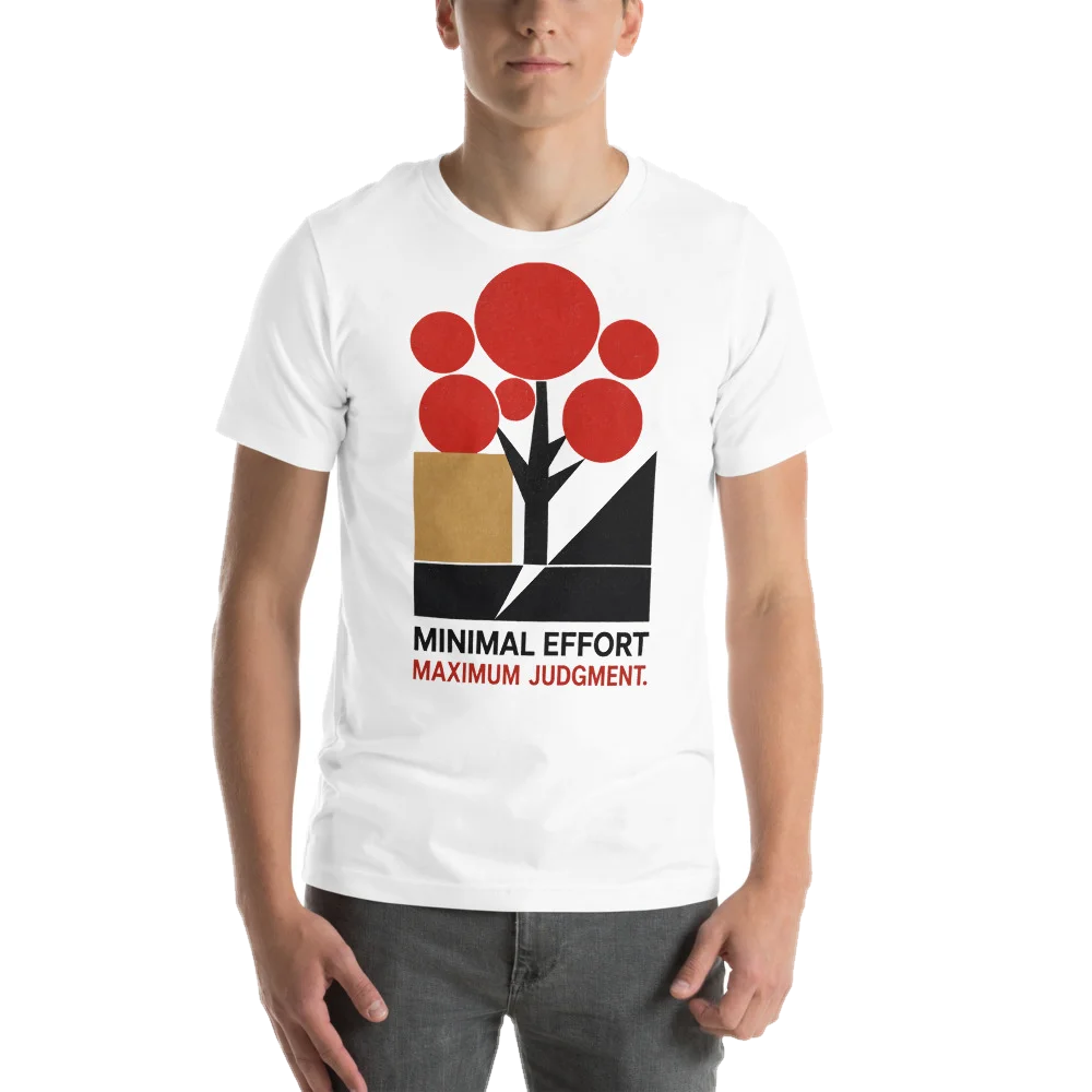 White t-shirt with the Minimal Effort, Max Judgment design