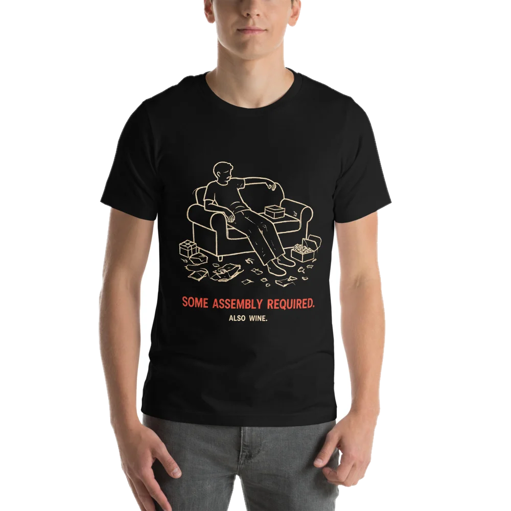 Black t-shirt with the Some Assembly Required design