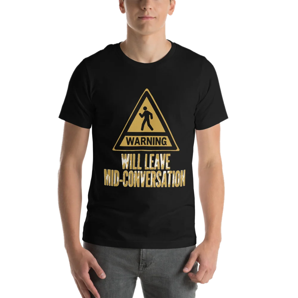 Black t-shirt with the Will Leave Mid-Conversation design, photo 1 of 6