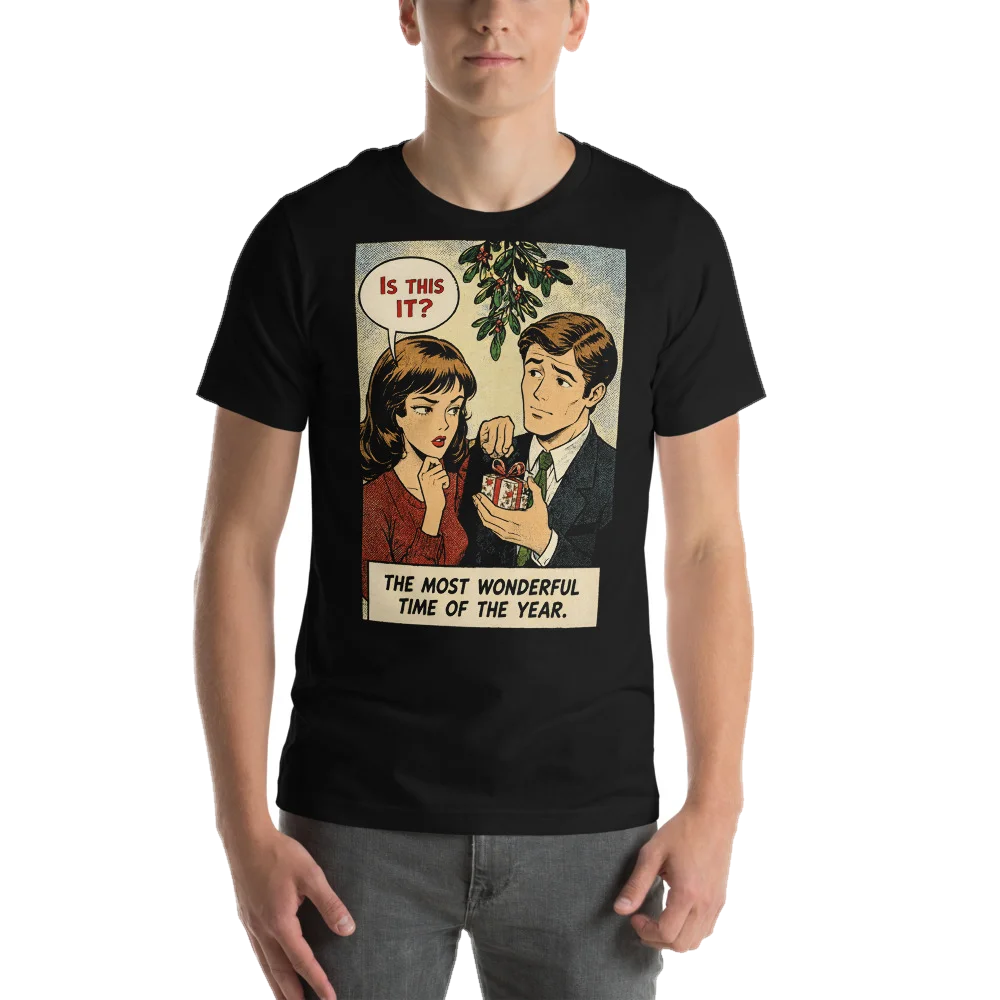 Black t-shirt with the Is This It? design, front, on model