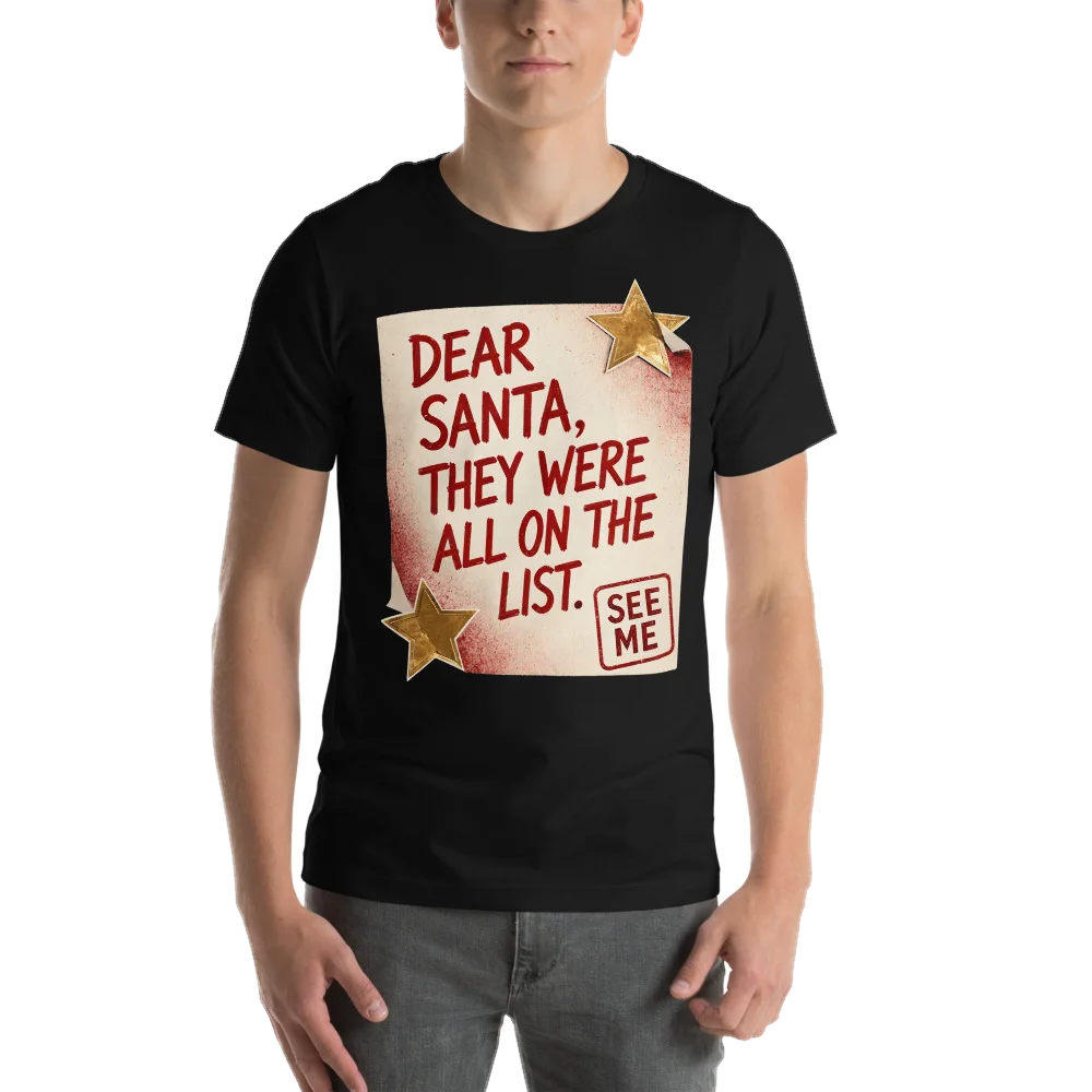 Black t-shirt with the They Were All on the List design, front, on model