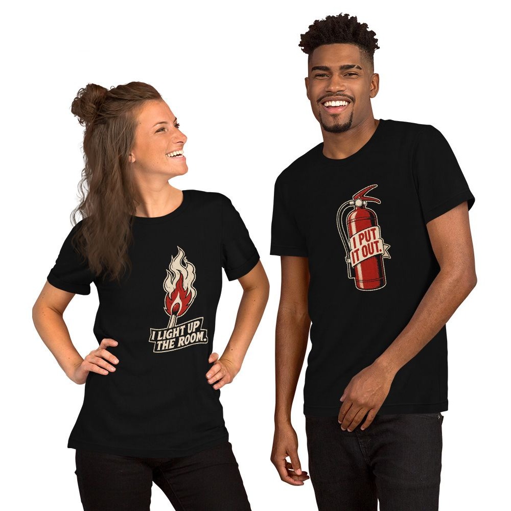 Fire Safety: both shirts in the set, worn by two models.