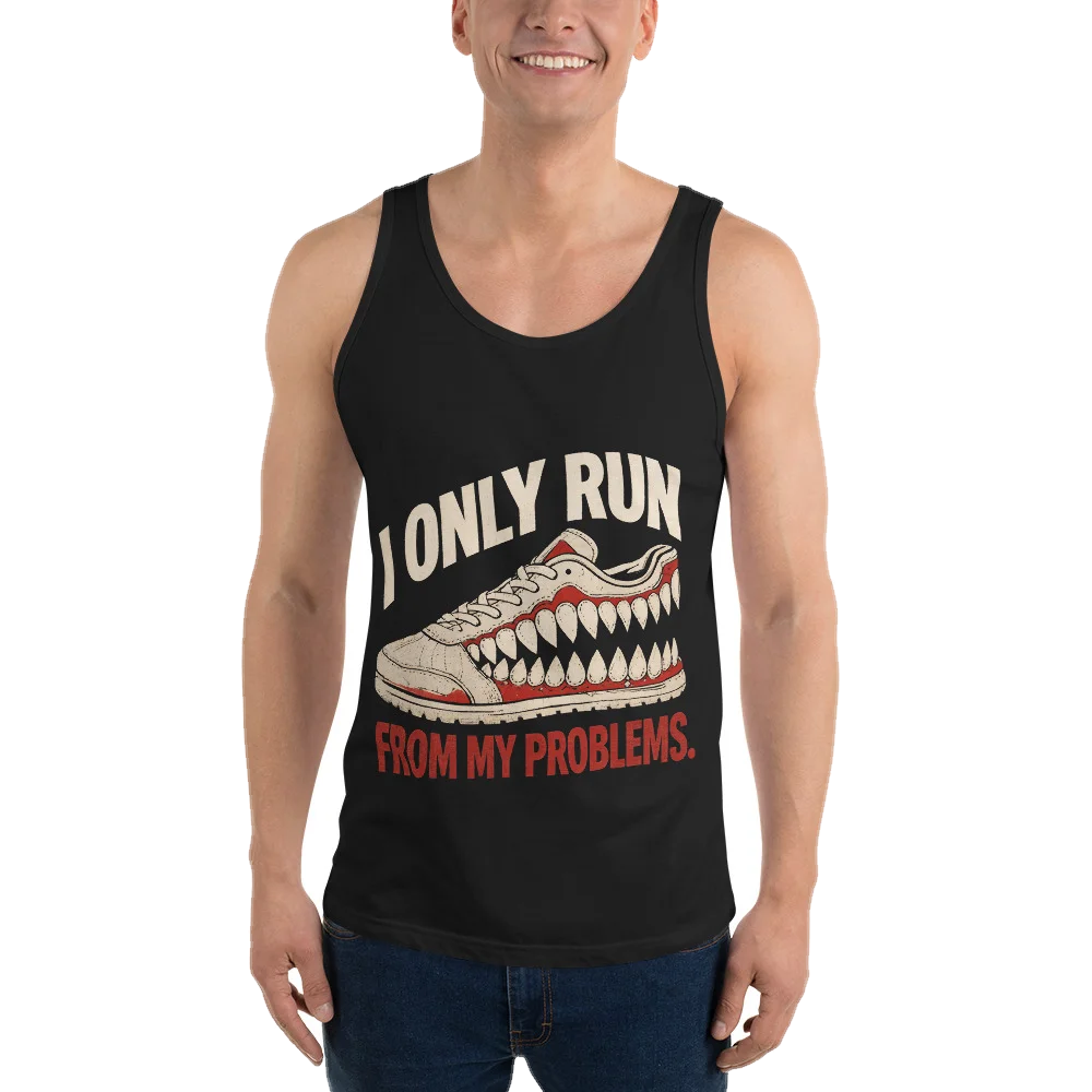 Black tank top with the I Only Run From My Problems design, front, on model