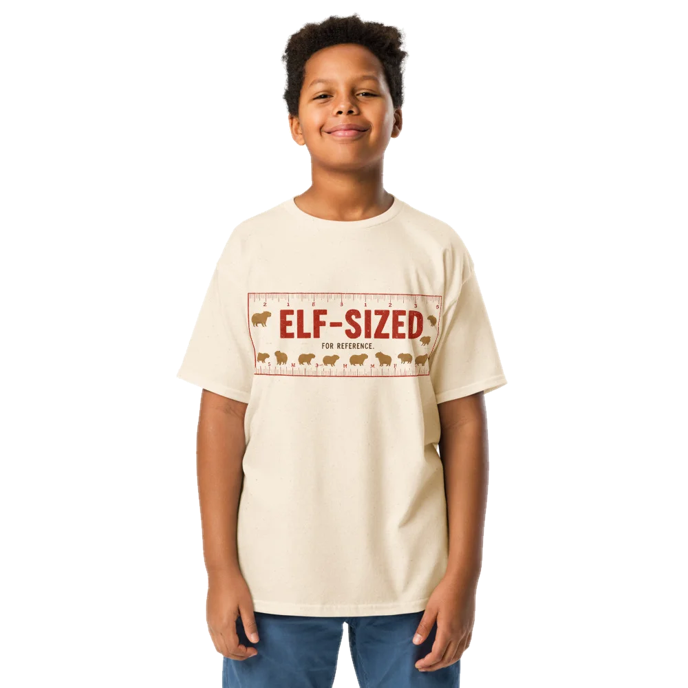 Natural kids' t-shirt with the Elf-Sized, for Reference design, front, on model