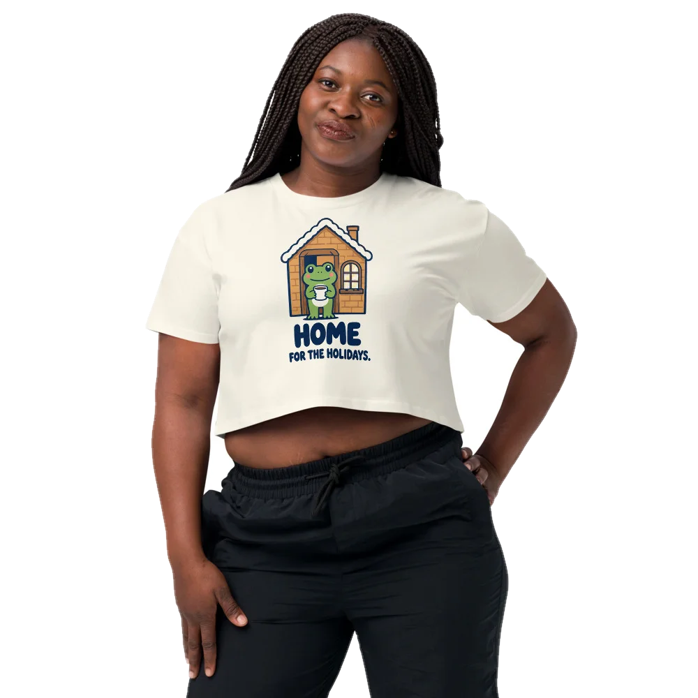 Natural crop top with the Home for the Holidays design, front, on model