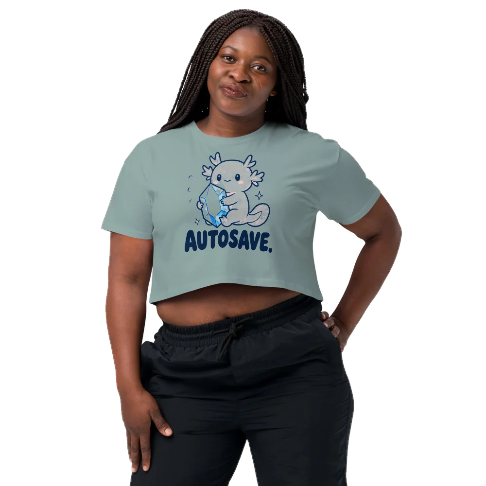 Mineral crop top with the Autosave. design, front, on model