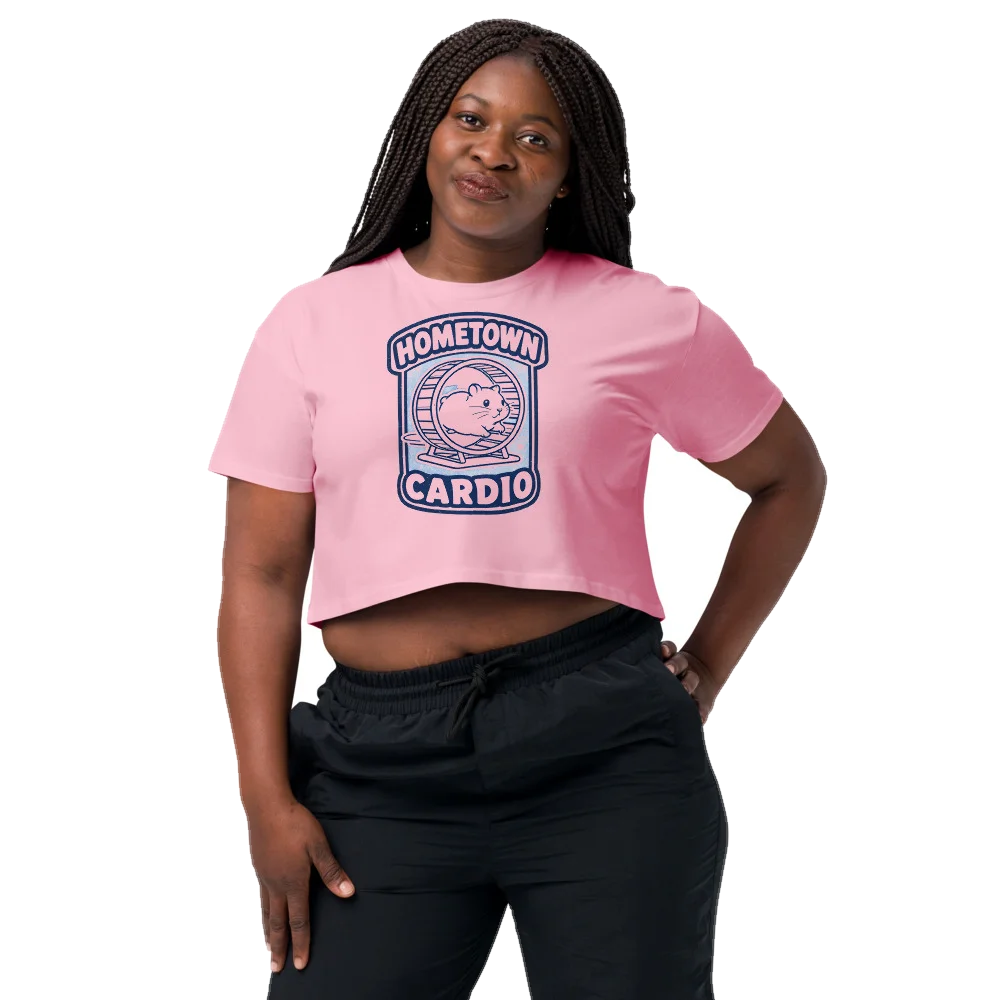 Bubblegum crop top with the Hometown Cardio design, front, on model