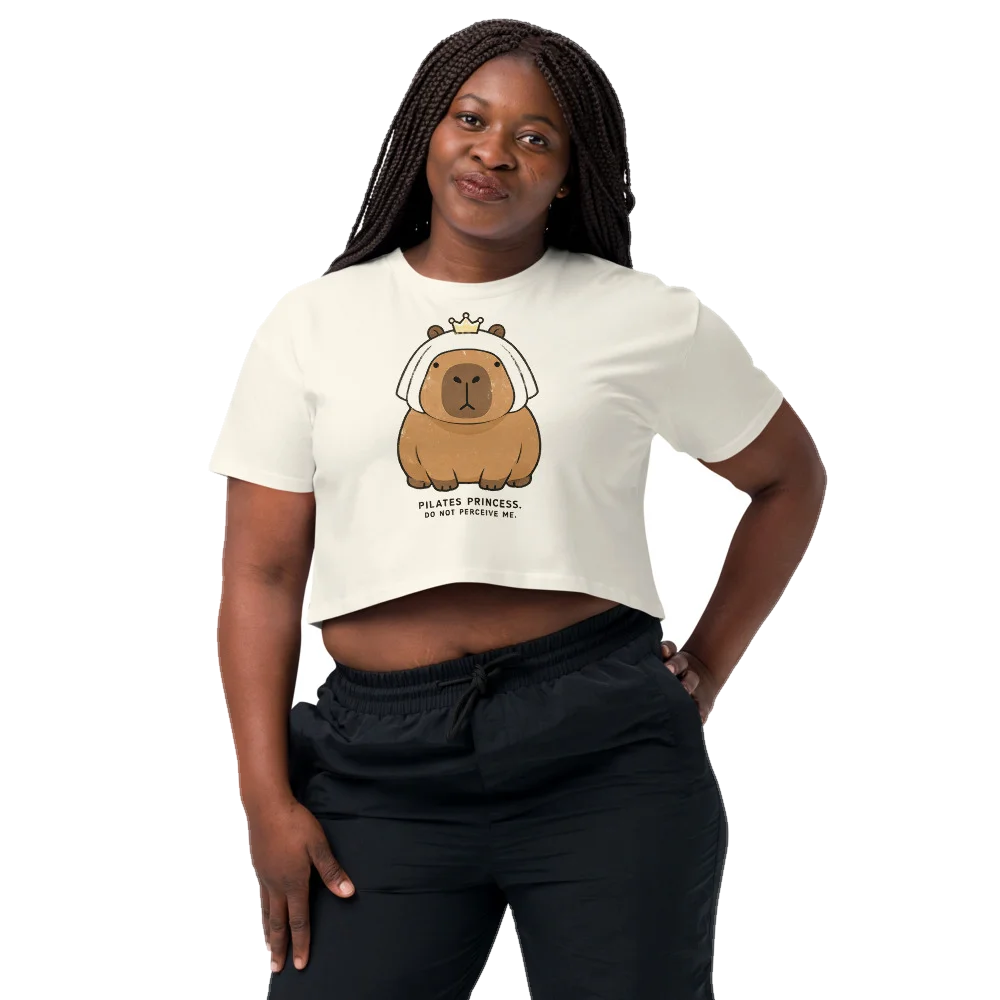 Natural crop top with the Pilates Princess design, front, on model