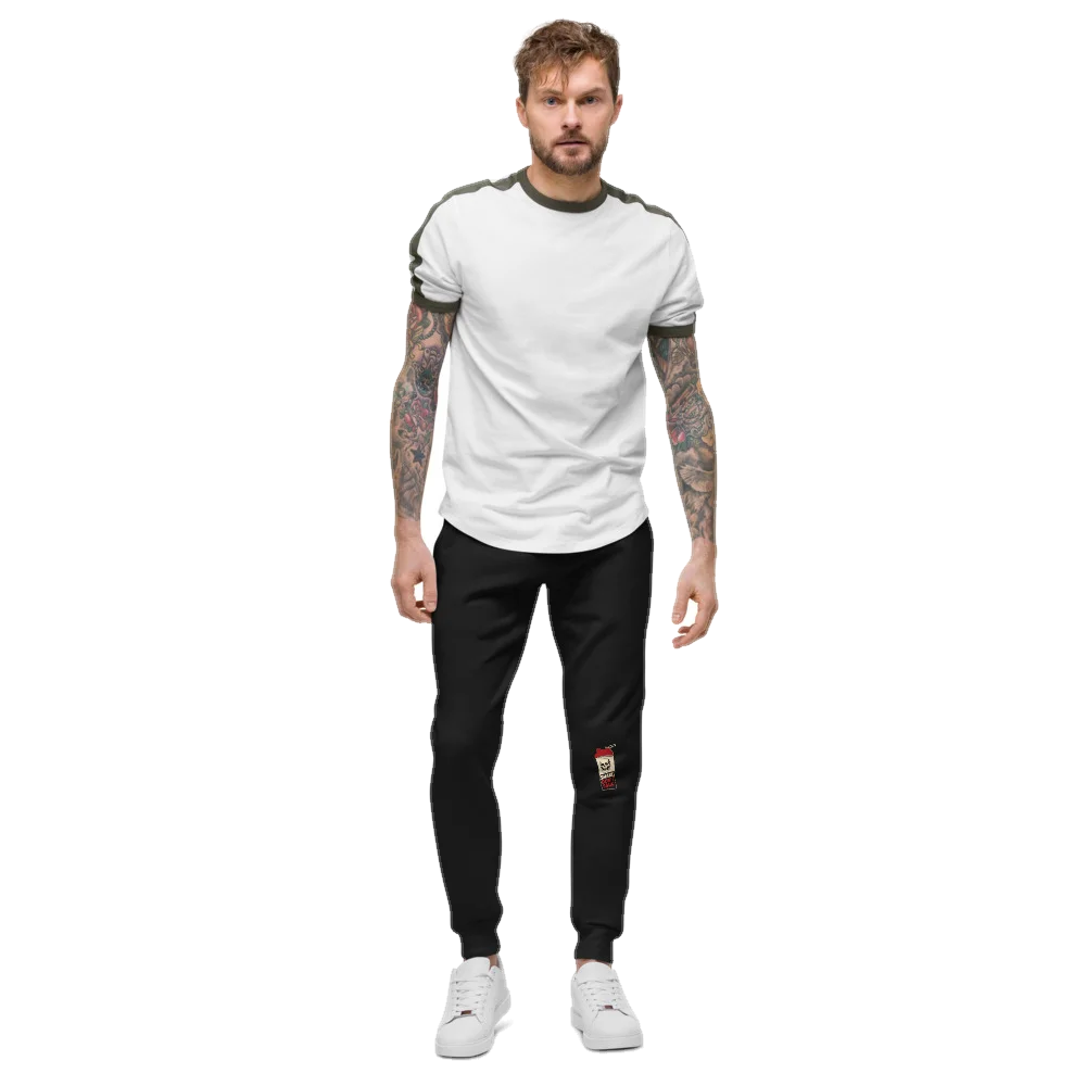 Black joggers with the Shake. Don't Talk design, front, on model