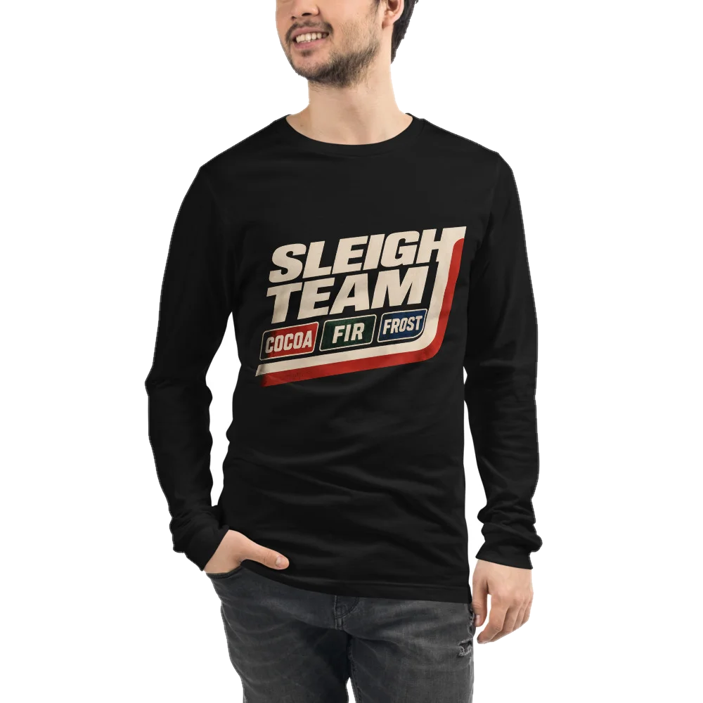 Black long-sleeve shirt with the Sleigh Team design, front, on model
