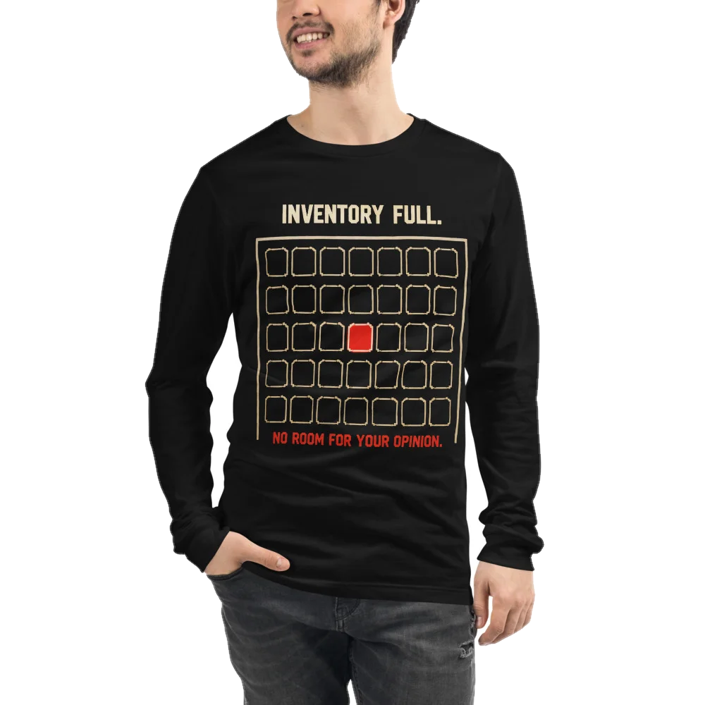 Black long-sleeve shirt with the Inventory Full design, front, on model