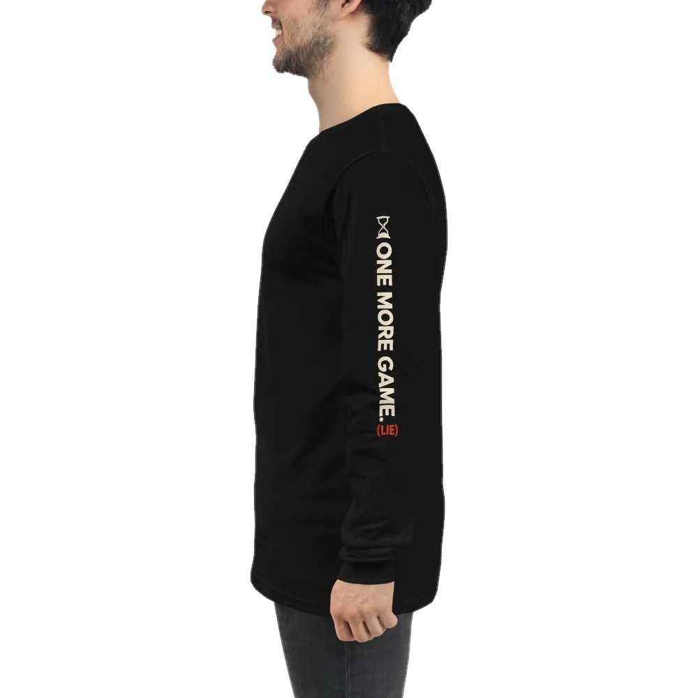Black long-sleeve shirt with the One More Game. (Lie) design, photo 1 of 6
