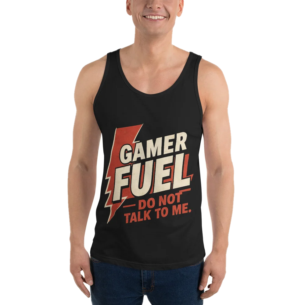 Black tank top with the Gamer Fuel: Do Not Talk design, front, on model