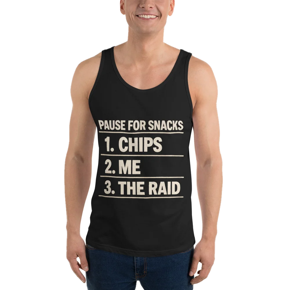Black tank top with the Pause for Snacks design, front, on model