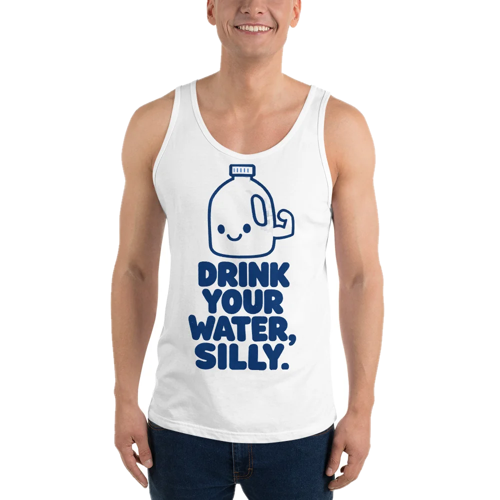 White tank top with the Drink Your Water, Silly design, front, on model