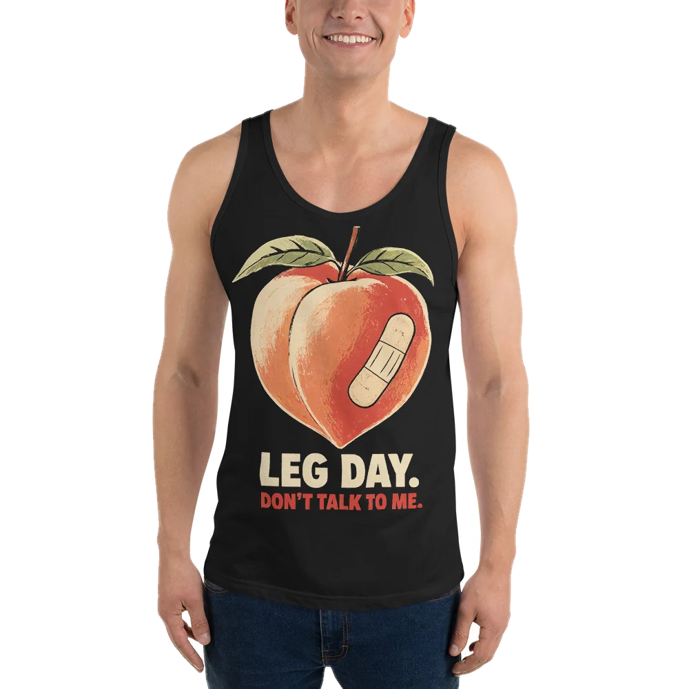 Black tank top with the Leg Day. Don't Talk to Me design, front, on model