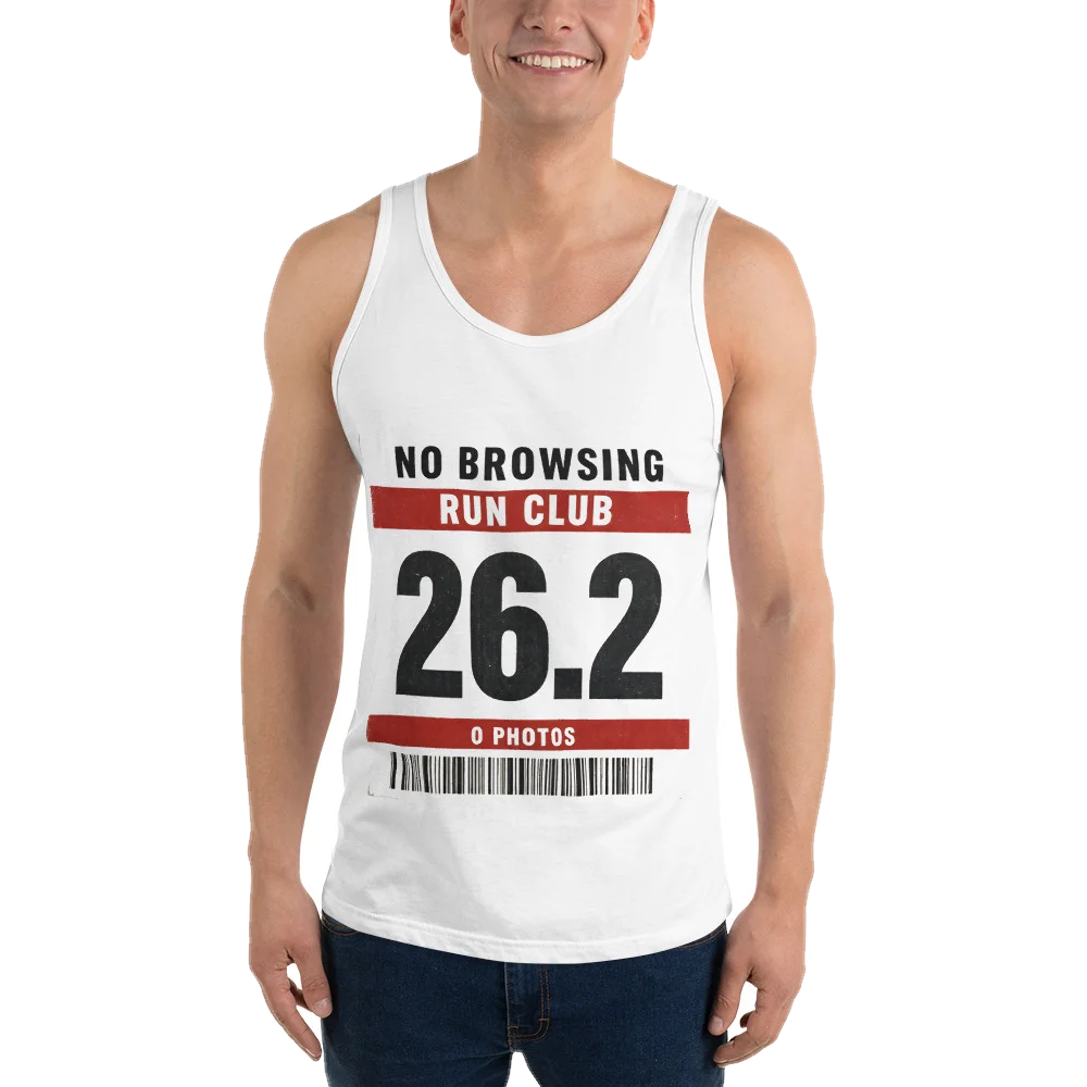 White tank top with the Run Club 26.2: 0 Photos design, front, on model
