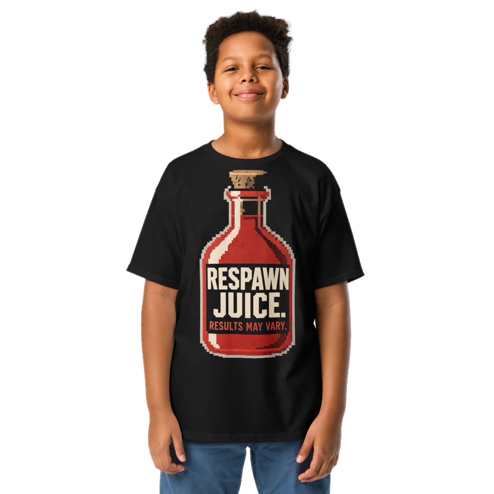Black kids' t-shirt with the Respawn Juice design, front, on model