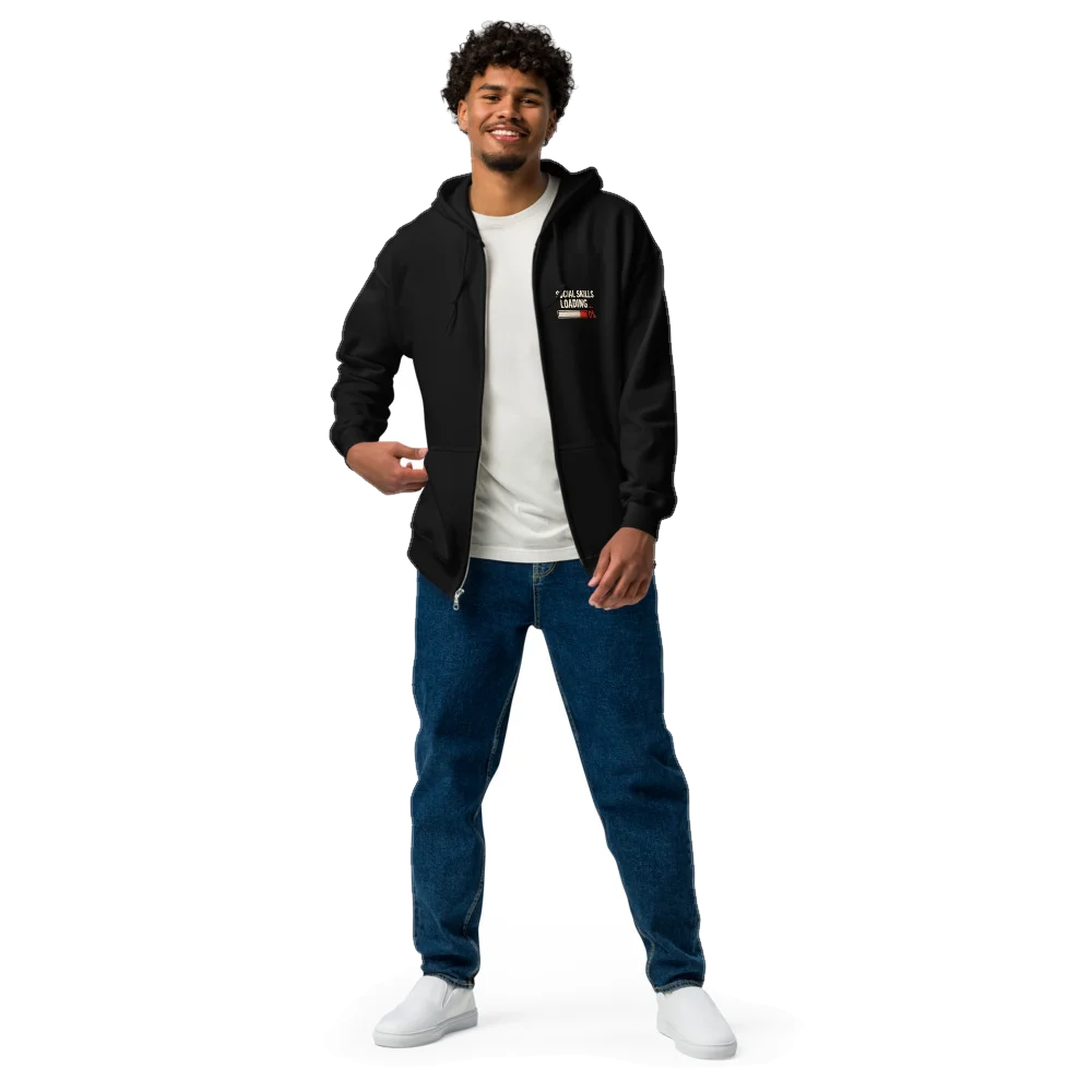 Black zip hoodie with the Social Skills Loading design, front, on model