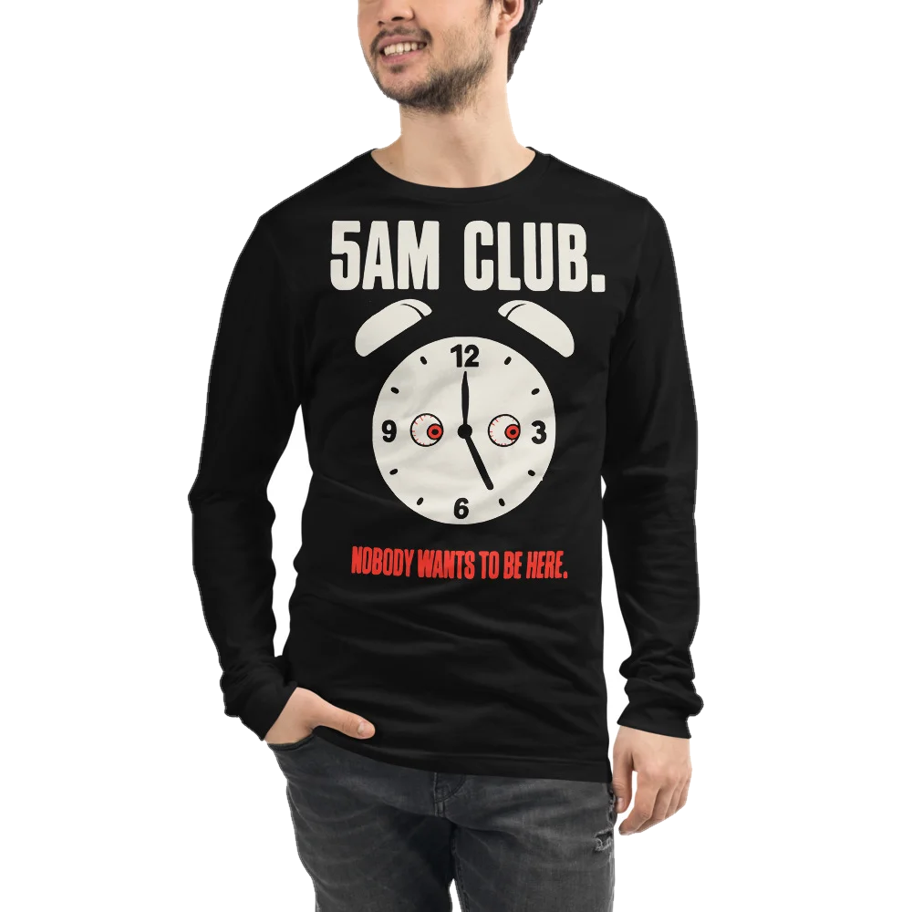 Black long-sleeve shirt with the 5AM Club design, front, on model