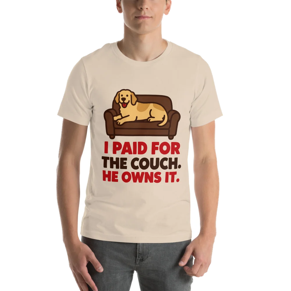 Soft Cream t-shirt with the I Paid for the Couch design, front, on model